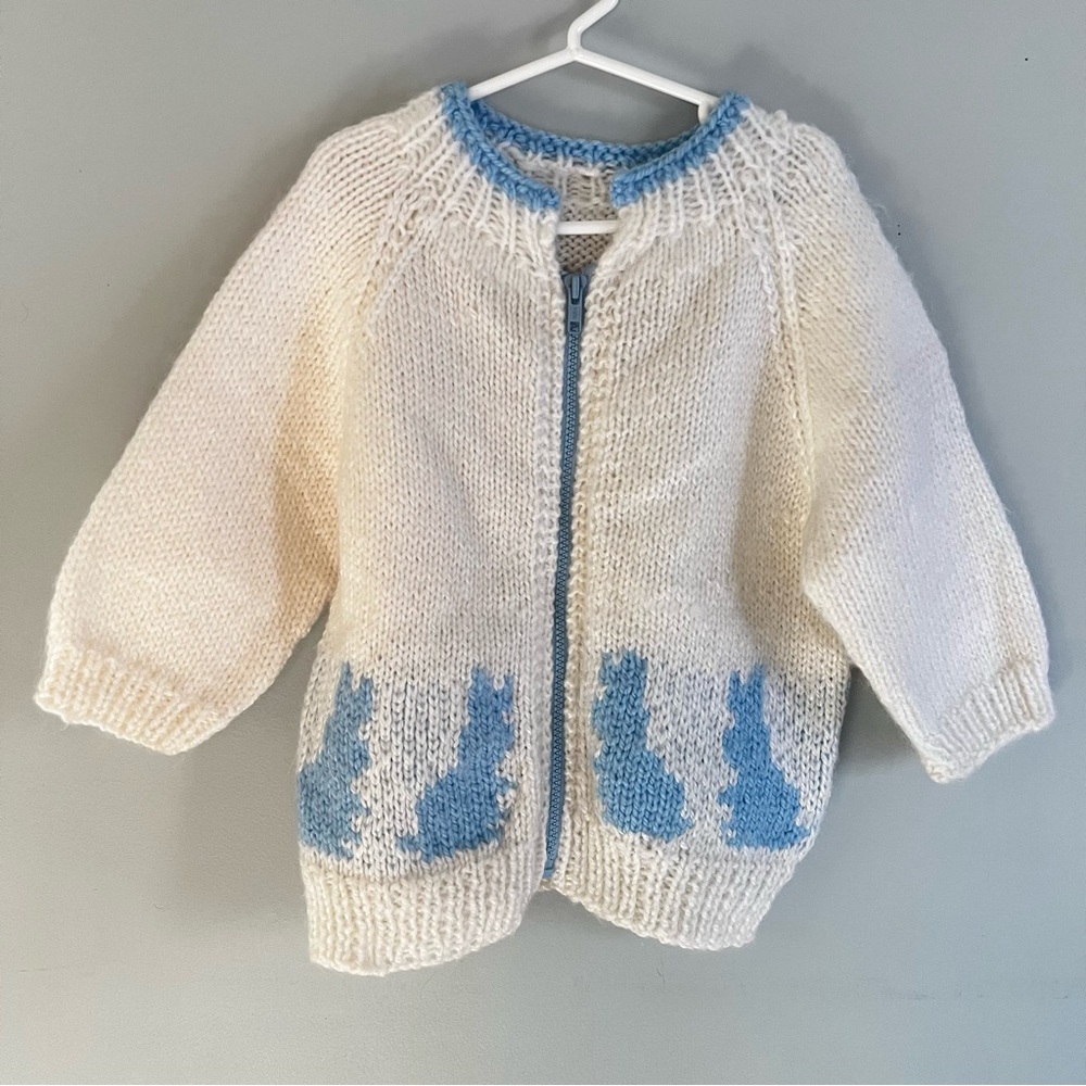 Handmade Knit Blue Bunny Rabbit Zip Up White Sweater Jacket Coat Child 4T 5T